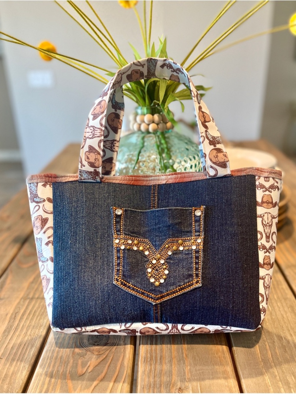 Artisan-Crafted Embellished Denim Tote Bag with Western Print & Flannel Inside